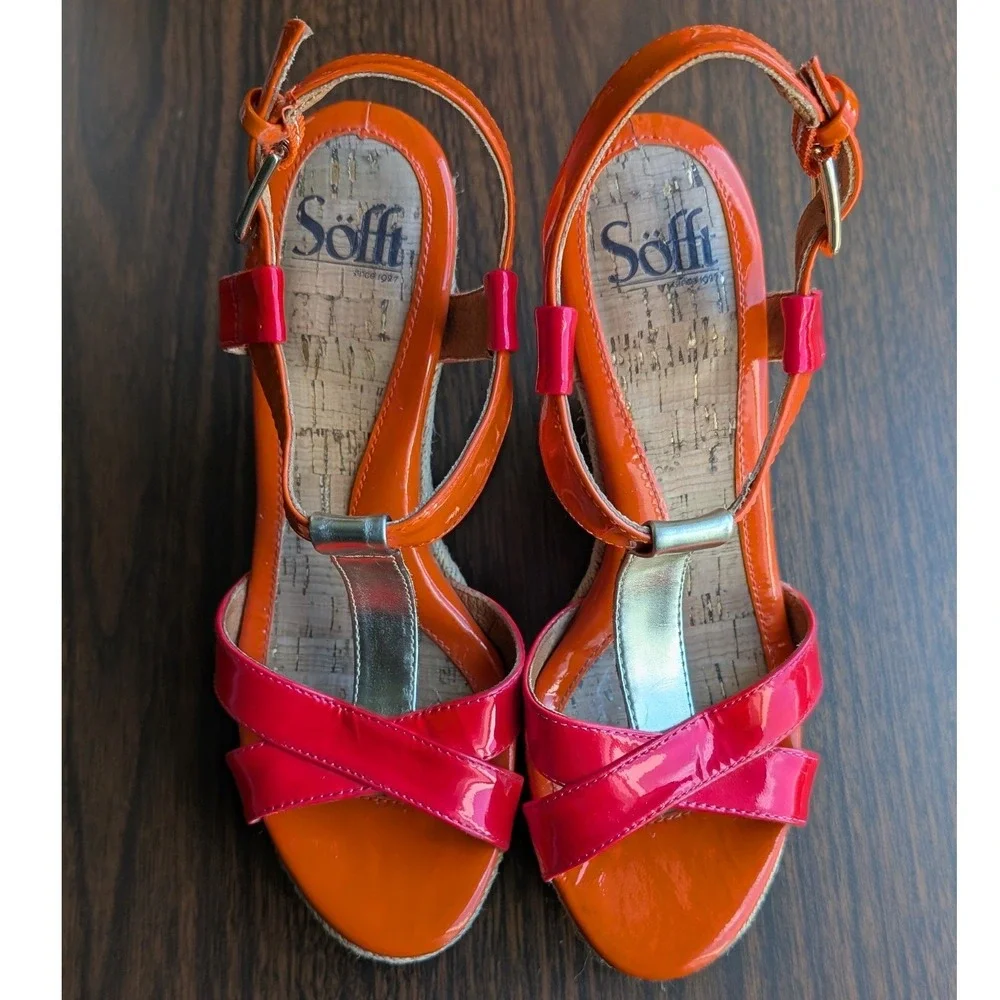 Sofft Espadrille Wedge Sandals Womens 8M Orange Pink Patent Leather T-Strap